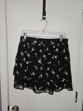 Rue21 Black Floral Tiered Mini Skirt with Pink and Cream Blooms